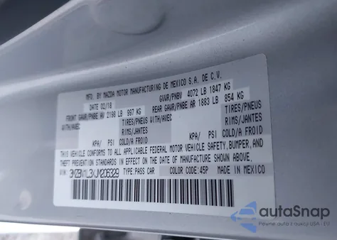 2018 Mazda Mazda3 Touring z USA, uszkodzony, nr VIN 3MZBN1L3XJM206329